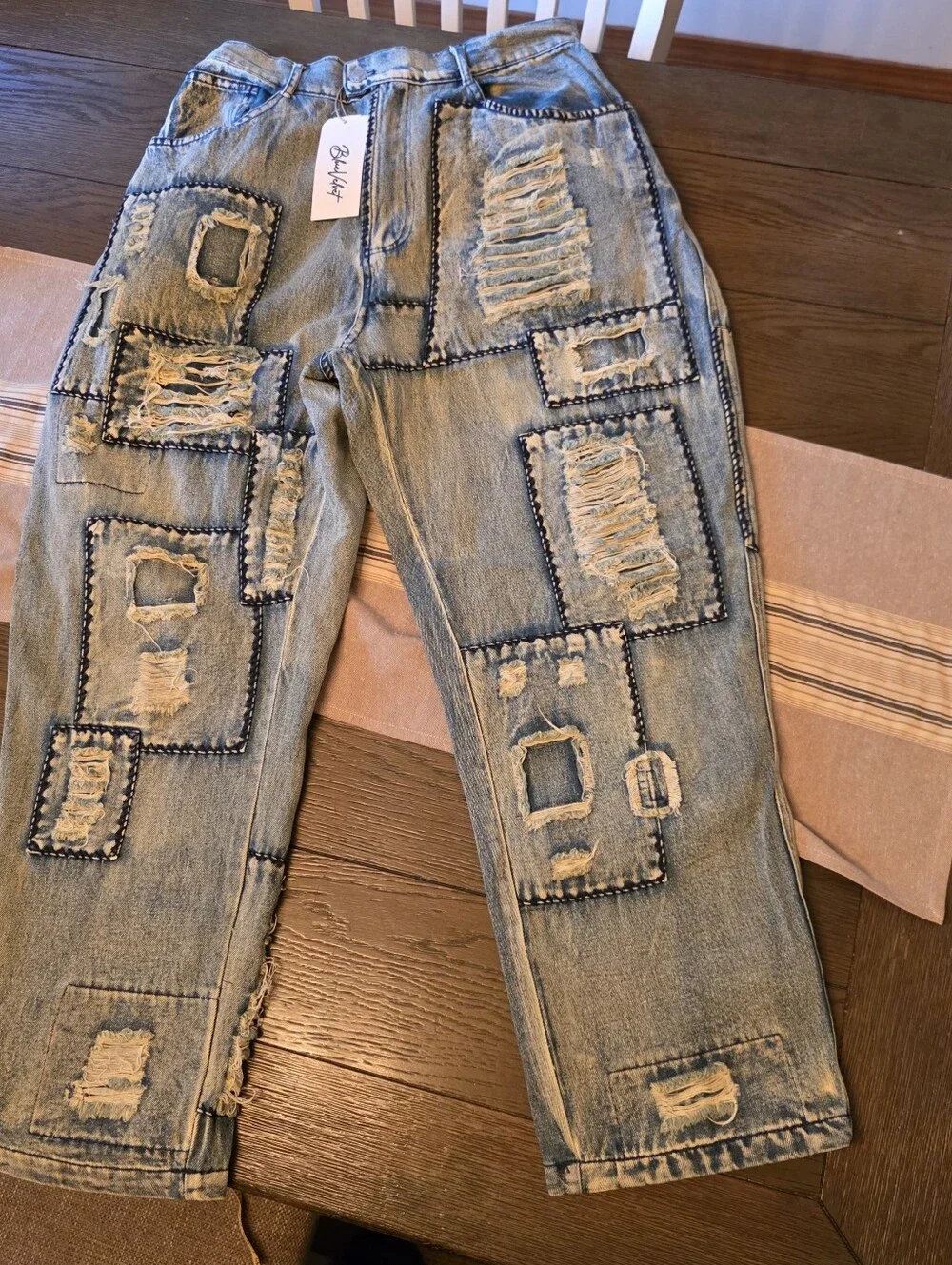 NWT Blue Velvet Boutique Baggy Distressed Patchwork Boho Hippie Festival Jeans L